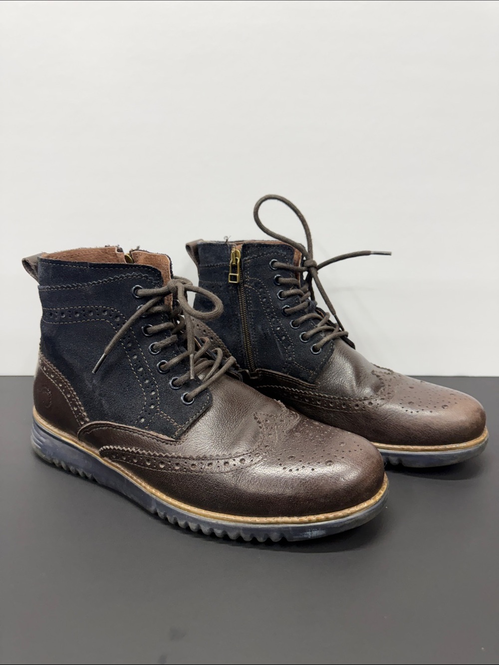Men's Brown and Navy Wingtip Leather Boots Made in Portugal